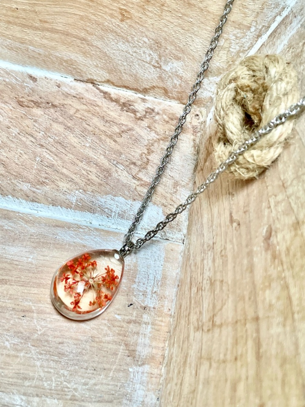 Sterling Silver Teardrop Pendant Necklace with Orange Floral Resin Accent